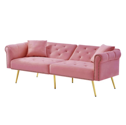 Modern beige velvet 2-seater sofa bed with adjustable backrest and gold metal legs, by eprolo.