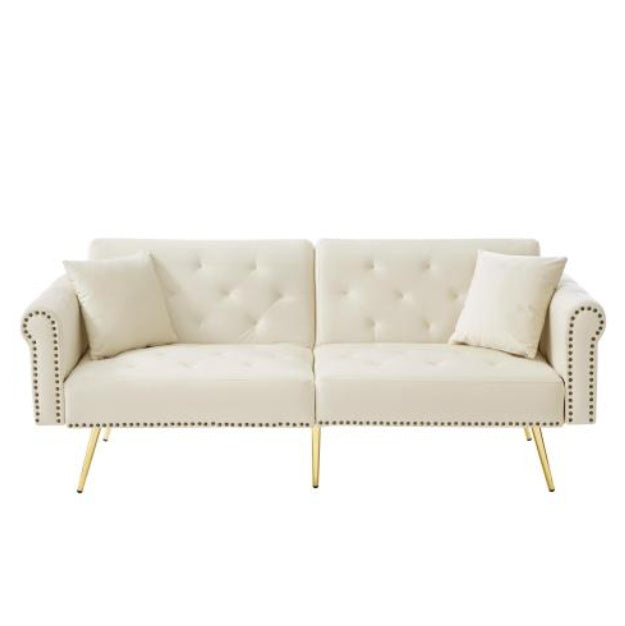 Modern beige velvet 2-seater sofa bed with adjustable backrest and gold metal legs, stylish and versatile eprolo furniture piece.