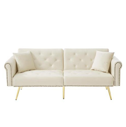 Modern beige velvet 2-seater sofa bed with adjustable backrest and gold metal legs, stylish and versatile eprolo furniture piece.