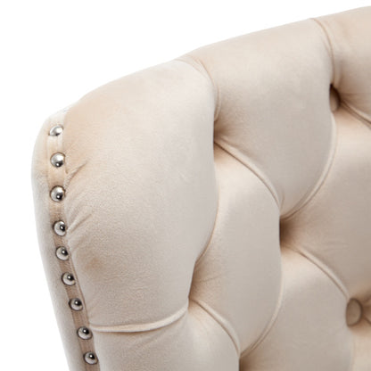 Set of 4 beige velvet dining chairs with button tufted design and wooden legs, modern style by eprolo.