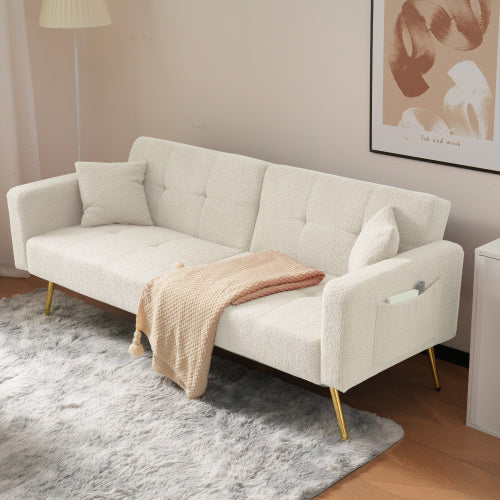 Beige sofa bed with adjustable backrest, gold legs, cushions, and side storage by eprolo, ideal for modern living spaces.