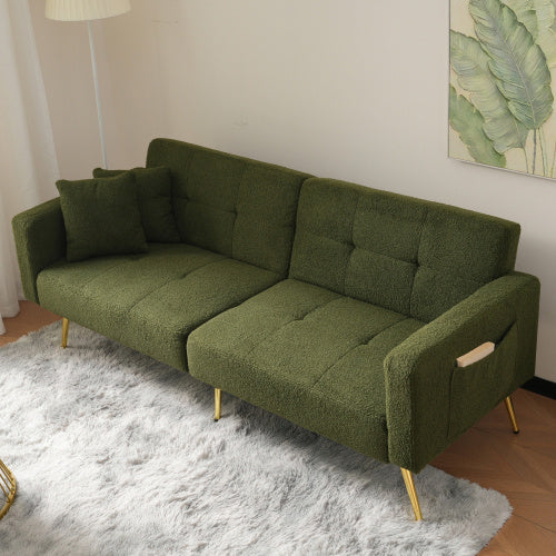 Beige sofa bed with adjustable backrest, gold legs, cushions, and side storage for versatile living room seating and sleeping.