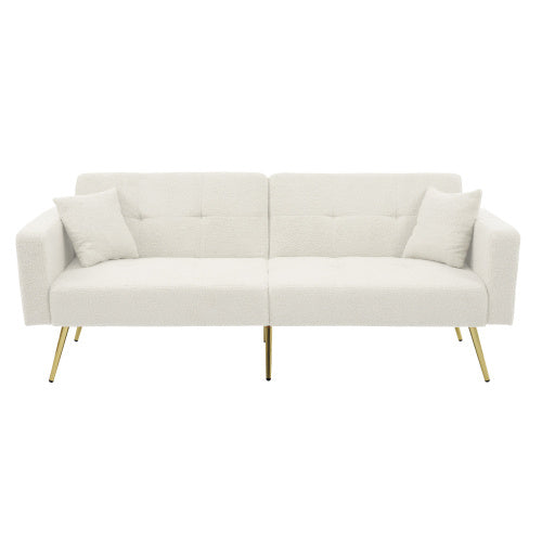 Beige sofa bed with adjustable backrest, gold legs, cushions, and side storage by eprolo, showcased in a modern living room setting.