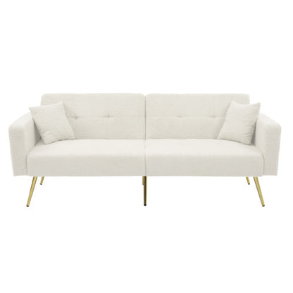 Beige sofa bed with adjustable backrest, gold legs, cushions, and side storage by eprolo, showcased in a modern living room setting.