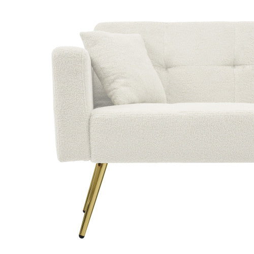 Beige sofa bed with adjustable backrest, gold legs, cushions, and side storage, by eprolo.