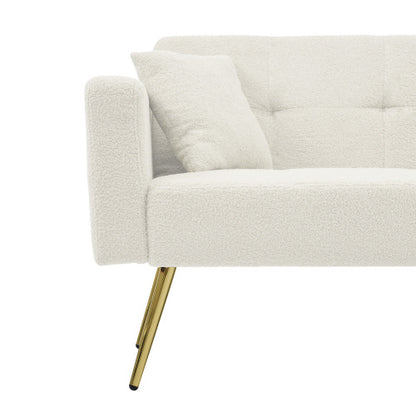 Beige sofa bed with adjustable backrest, gold legs, cushions, and side storage, by eprolo.