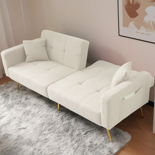 Beige sofa bed with adjustable backrest, gold legs, cushions, and side storage, by eprolo.
