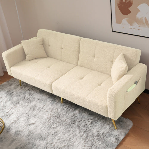 Beige sofa bed with adjustable backrest, gold legs, cushions, and side storage from eprolo.