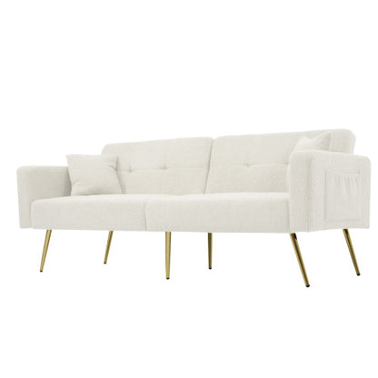 Beige sofa bed with adjustable backrest, gold legs, cushions, and side storage from eprolo.