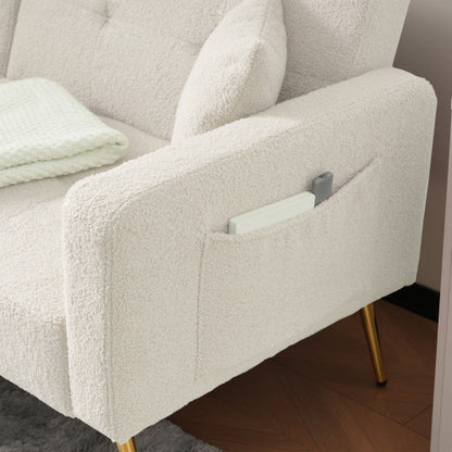 Beige sofa bed with adjustable backrest, gold legs, cushions, and side storage by eprolo.
