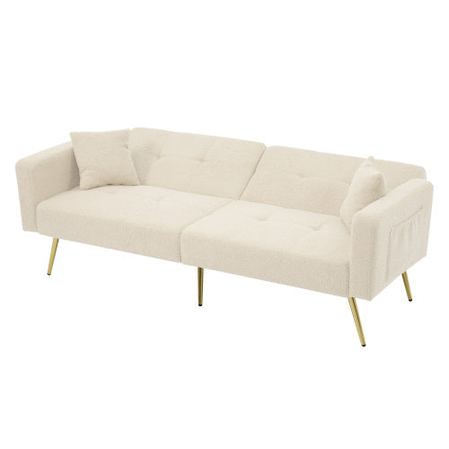 Beige sofa bed with adjustable backrest, gold legs, cushions, and side storage by eprolo.