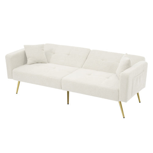 Beige sofa bed with adjustable backrest, gold legs, cushions, and side storage, showcasing modern eprolo furniture design.