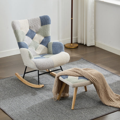 Blue rocking recliner chair with solid wood legs, eprolo relaxing armchair perfect for comfortable seating.