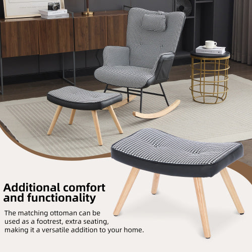 Blue rocking recliner chair with solid wood legs from eprolo, featuring a comfortable armchair design for relaxation.