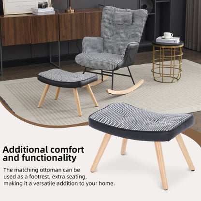 Blue rocking recliner chair with solid wood legs from eprolo, featuring a comfortable armchair design for relaxation.