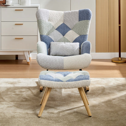 Blue rocking recliner chair with solid wood legs, relaxing armchair by eprolo, featuring cushioned seat and sturdy wooden base.