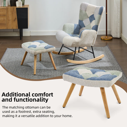 Blue rocking recliner chair with solid wood legs, comfortable armchair for relaxing, by eprolo.