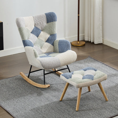 Blue rocking recliner chair with solid wood legs, comfortable armchair by eprolo, perfect for relaxing and lounging at home.
