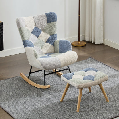 Blue rocking recliner chair with solid wood legs, comfortable armchair by eprolo, perfect for relaxing and lounging at home.