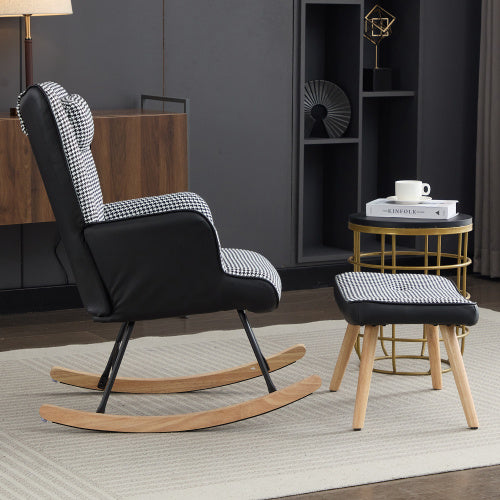 Blue rocking recliner chair with solid wood legs by eprolo, featuring a comfortable armchair design for relaxation.