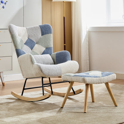 Blue rocking recliner chair with solid wood legs, relaxing armchair by eprolo, featuring cushioned seat and curved wooden base.