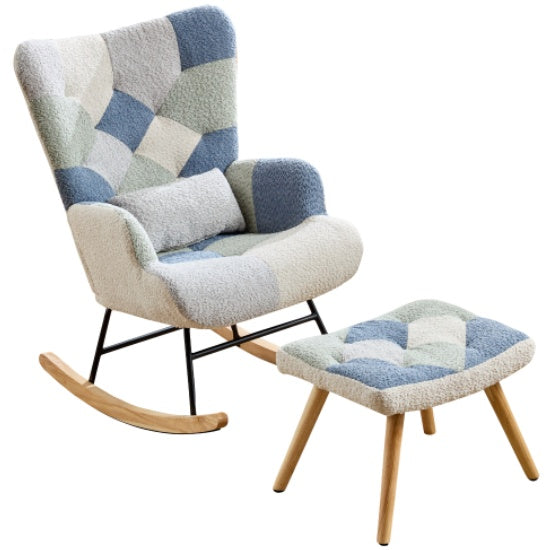 Blue rocking recliner chair with solid wood legs from eprolo, featuring a comfortable armchair design and relaxing seating.