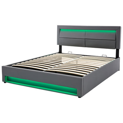 Grey king size upholstered bed by eprolo with USB charging, LED lights, and storage, 5ft size, without mattress.