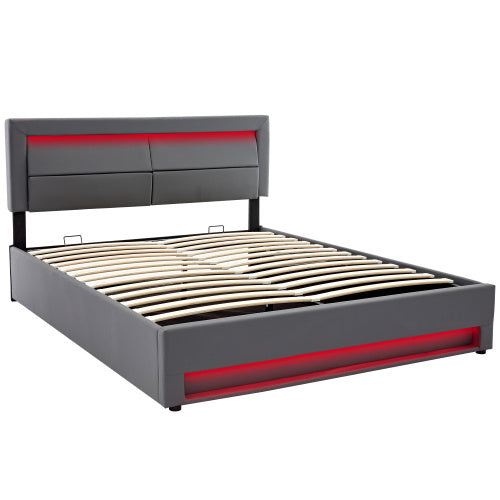 Grey king size upholstered bed by eprolo with USB charging, LED lights, and storage, 5ft size, without mattress.