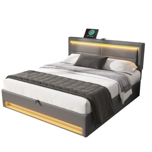 Grey king size upholstered bed by eprolo with USB charging, LED lights, and storage, 5ft frame, without mattress.
