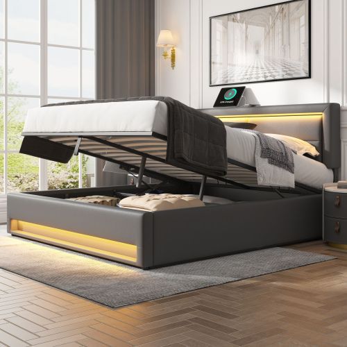 Grey king size upholstered bed by eprolo featuring USB charging, LED lights, and storage, without mattress.