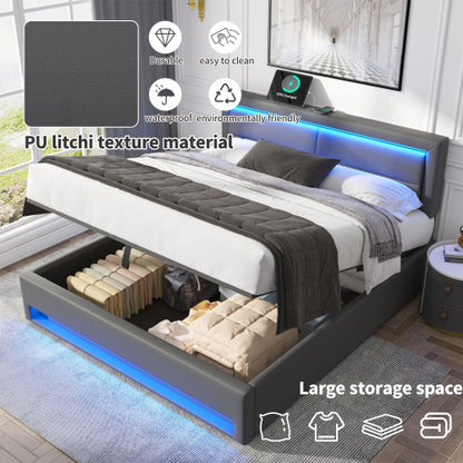 Grey king size upholstered bed by eprolo with USB charging, LED lights, and storage, 5ft size, without mattress.