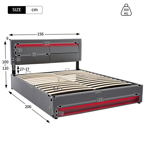 Grey king size upholstered bed by eprolo with USB charging, LED lights, and storage, 5ft size, without mattress.