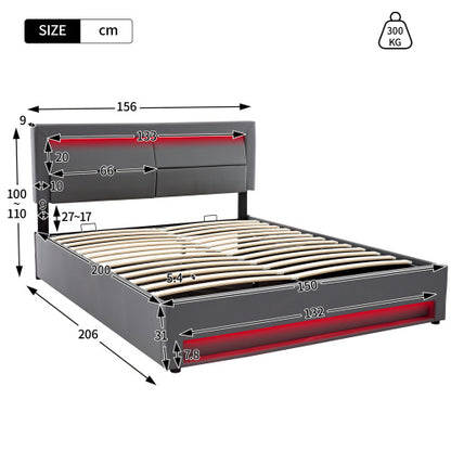 Grey king size upholstered bed by eprolo with USB charging, LED lights, and storage, 5ft size, without mattress.