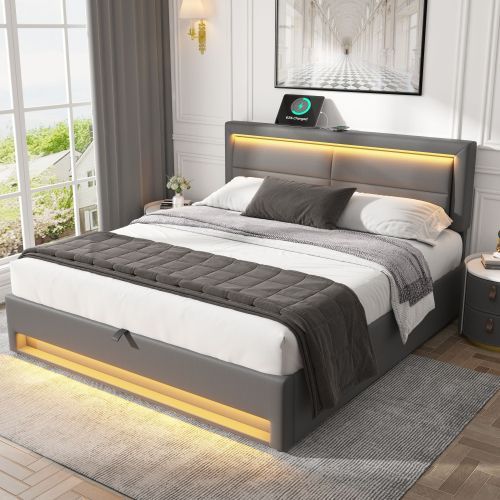 Grey king size upholstered bed by eprolo with USB charging, LED lights, and storage compartments, 5ft size, without mattress.