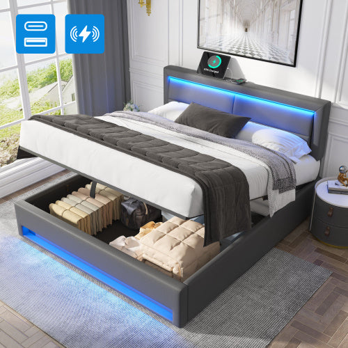 Grey king size upholstered bed by eprolo with USB charging, LED lights, and storage, 5ft size, without mattress.