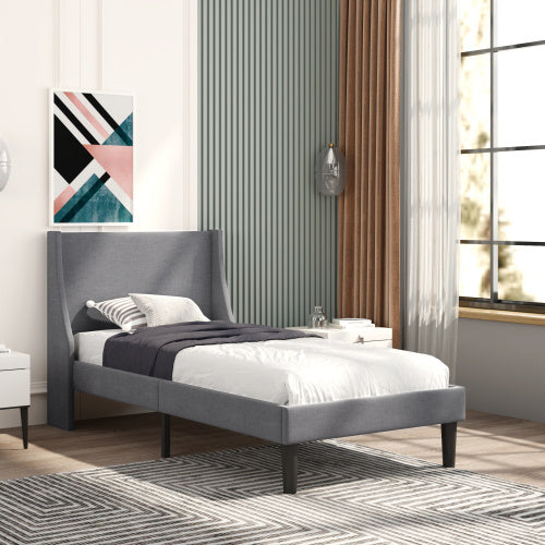 Gray velvet single upholstered bed with a winged headboard, 3ft size, by eprolo.
