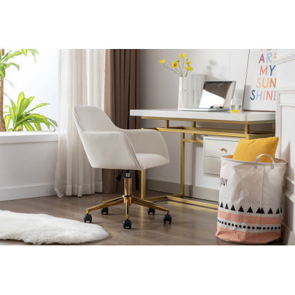 Eprolo adjustable velvet swivel office chair with gold legs in ivory white and coffee color, featuring a plush cushioned seat.