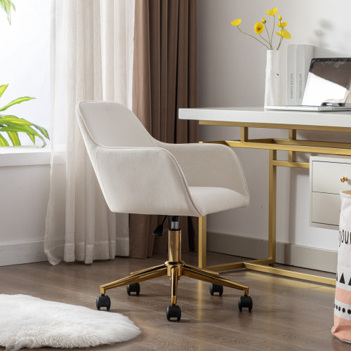Adjustable velvet swivel office chair with gold legs in ivory white and coffee color by eprolo, featuring a plush cushioned seat.