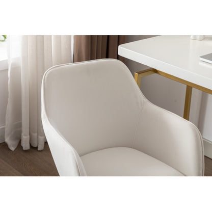 Adjustable ivory velvet swivel office chair with gold legs, featuring a modern design and cushioned seat for comfort.