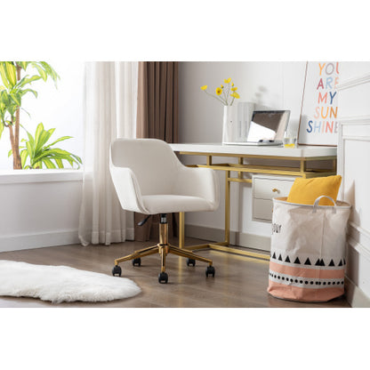 Adjustable ivory velvet swivel office chair with gold legs, stylish and comfortable for modern workspace comfort.