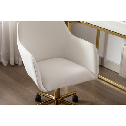 Adjustable velvet swivel office chair with gold legs in ivory white and coffee color, stylish and comfortable for workspace use.