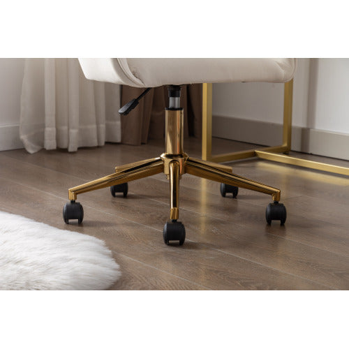 Adjustable velvet swivel office chair with gold legs in ivory white and coffee color, featuring modern design and comfortable cushioning.
