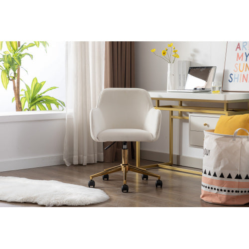 Adjustable ivory velvet swivel office chair with gold legs, featuring a modern design and comfortable seating from eprolo.
