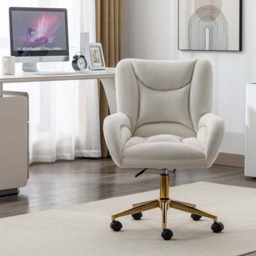 Adjustable ivory velvet swivel office chair with gold metal legs, featuring a modern design and cushioned seat for comfort.