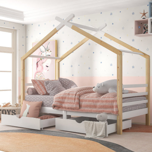 Natural kids single bed frame with storage, made of solid pine wood, featuring a house canopy design by eprolo