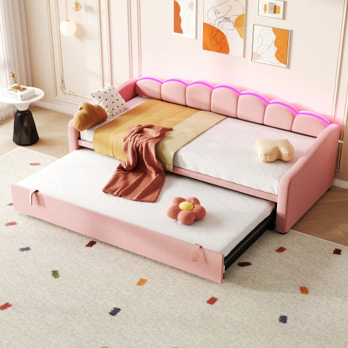 Pink petal-shape upholstered eprolo velvet daybed with RGB LED lighting and pull-out trundle, 3ft size, perfect for modern bedrooms.