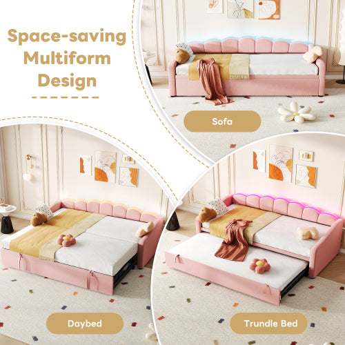 Pink petal-shaped upholstered daybed with velvet fabric, RGB LED lighting, and pull-out trundle, 3ft single bed by eprolo.