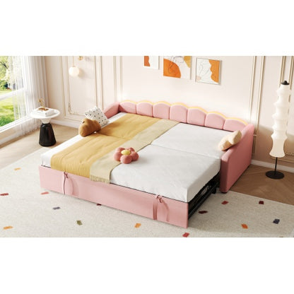 Pink petal-shaped upholstered daybed by eprolo with velvet fabric, RGB LED lighting, and a pull-out trundle for extra sleeping space.