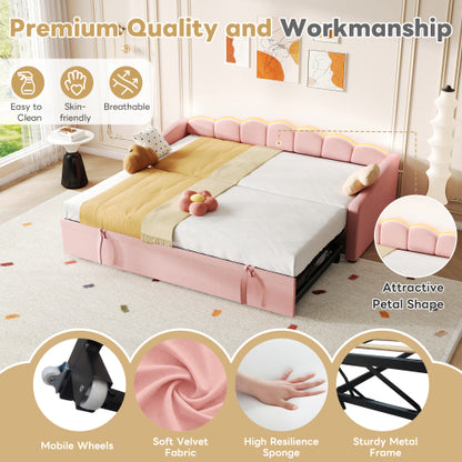 Pink petal-shape upholstered eprolo velvet daybed with RGB LED lighting and pull-out trundle, 3ft single bed, 90x190cm.