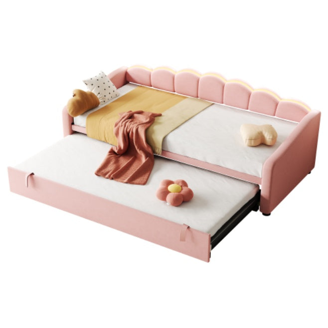 Pink petal-shape upholstered eprolo velvet daybed with RGB LED lighting and pull-out trundle, 3ft single bed, 90x190cm